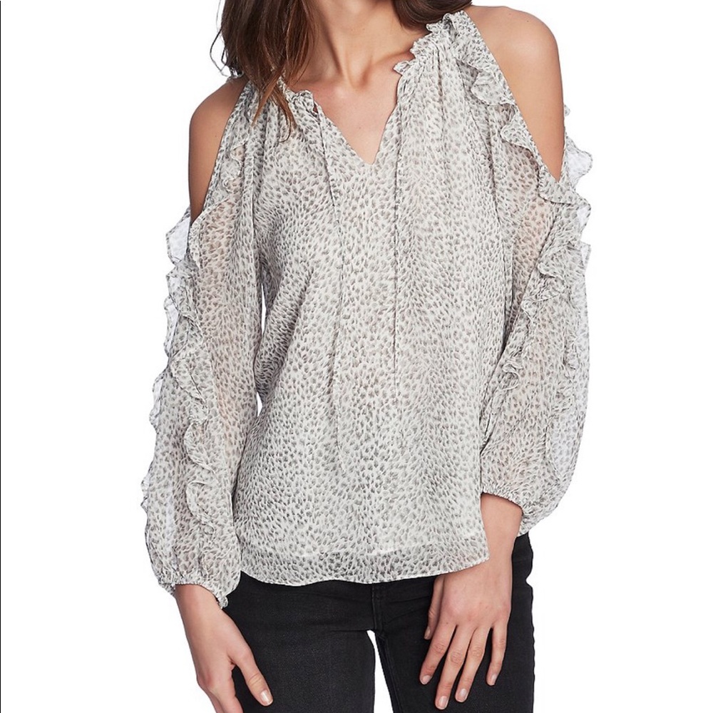 Grey and white print long sleeve blouse